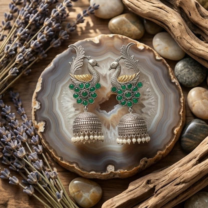 DIVYORO EMERALD PEACOCK JHUMKA EARRINGS