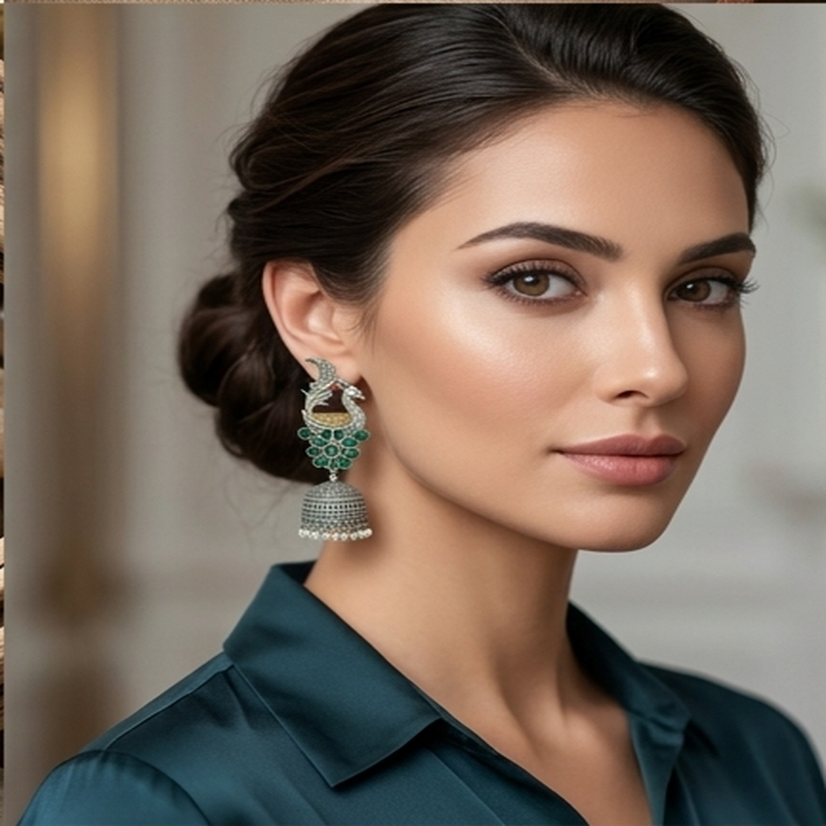 DIVYORO EMERALD PEACOCK JHUMKA EARRINGS