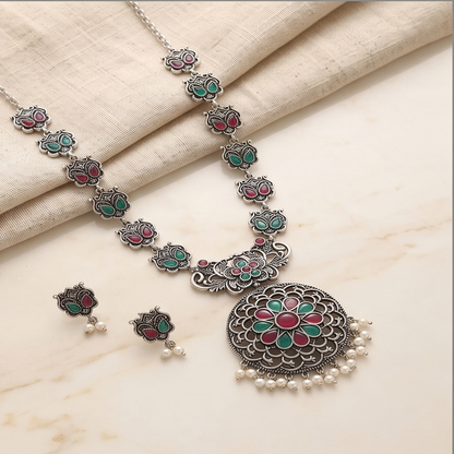 DIVYORO ELABORATE PINK AND GREEN STONE LONG NECKLACE SET