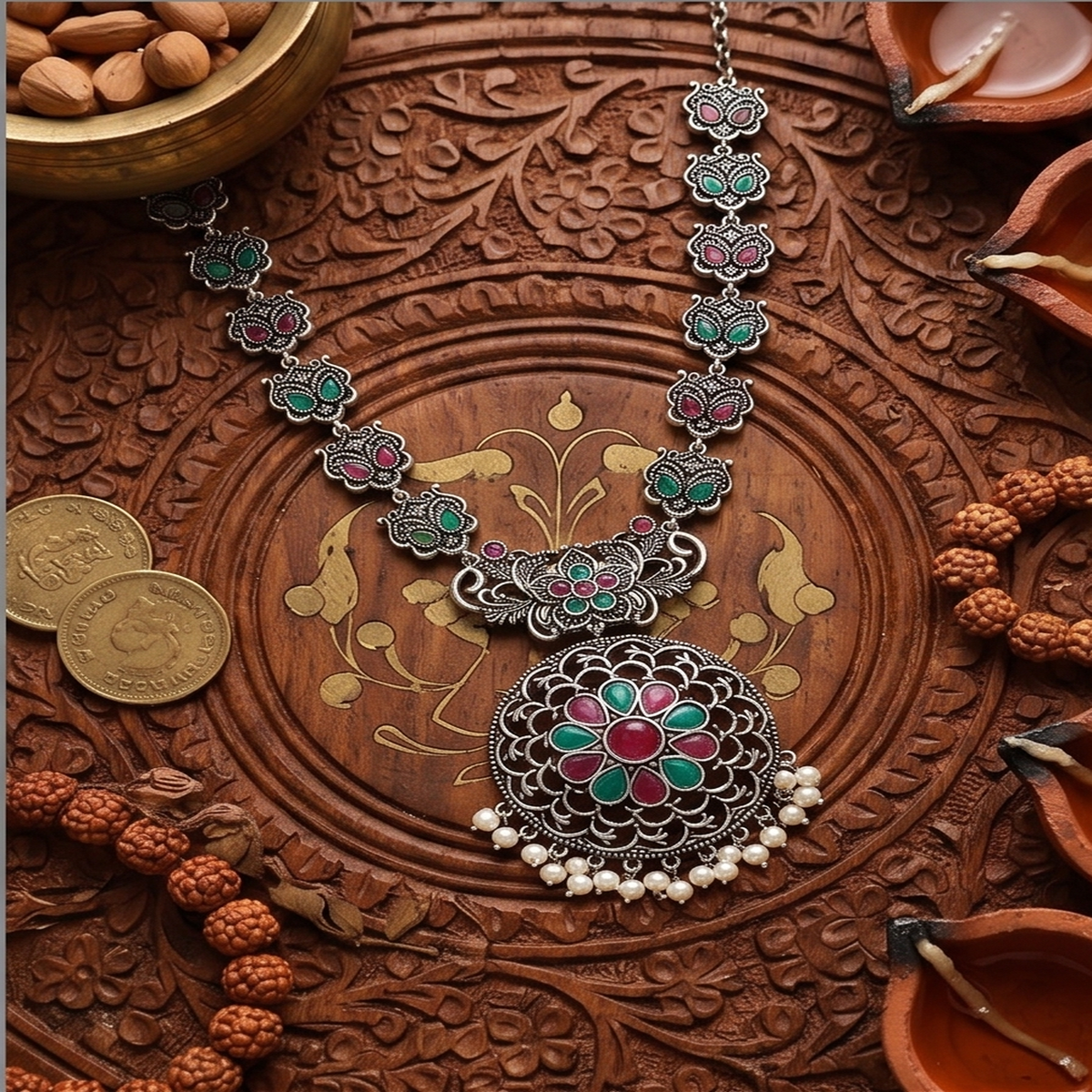 DIVYORO ELABORATE PINK AND GREEN STONE LONG NECKLACE SET