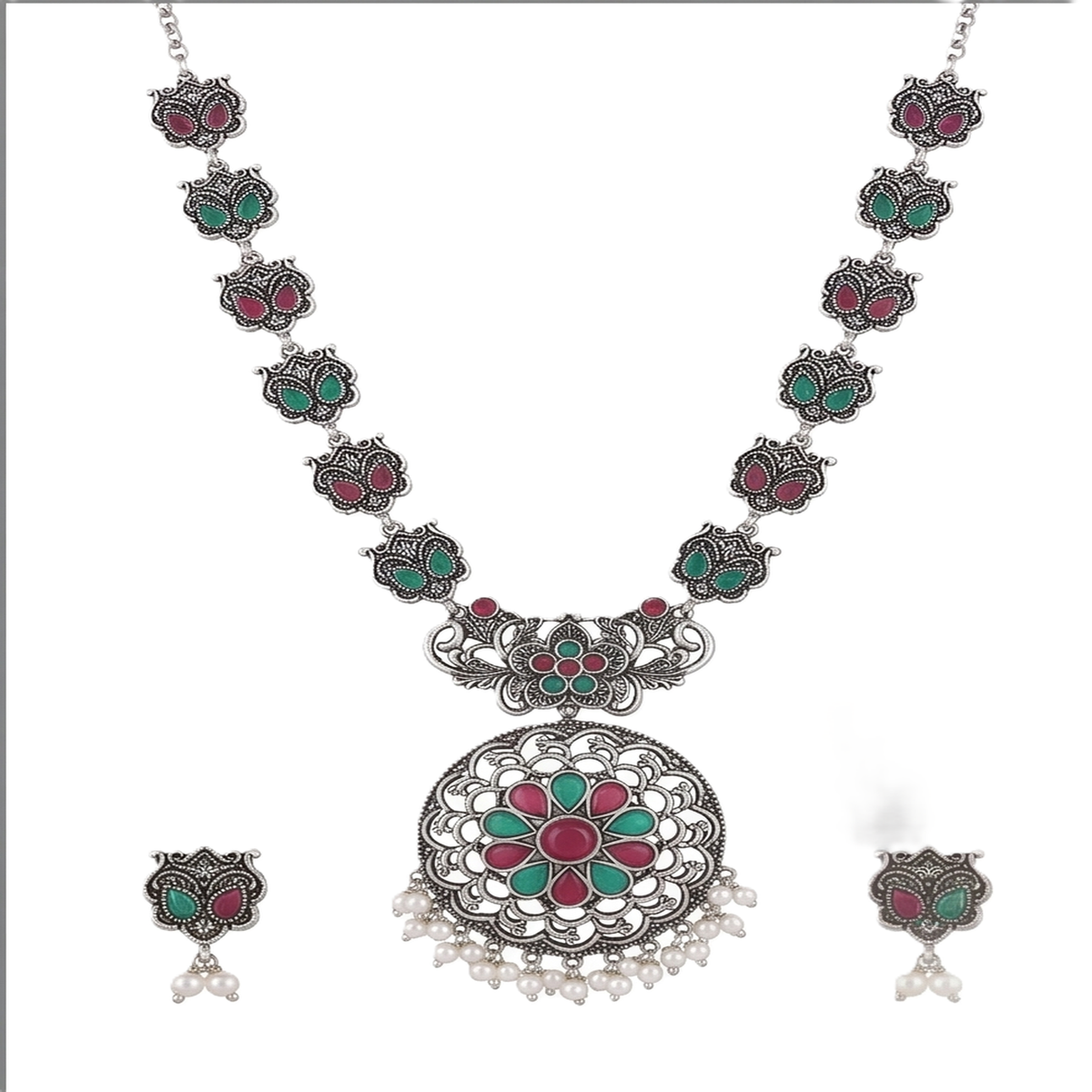DIVYORO ELABORATE PINK AND GREEN STONE LONG NECKLACE SET