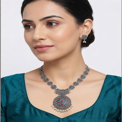 DIVYORO ELABORATE PINK AND GREEN STONE LONG NECKLACE SET