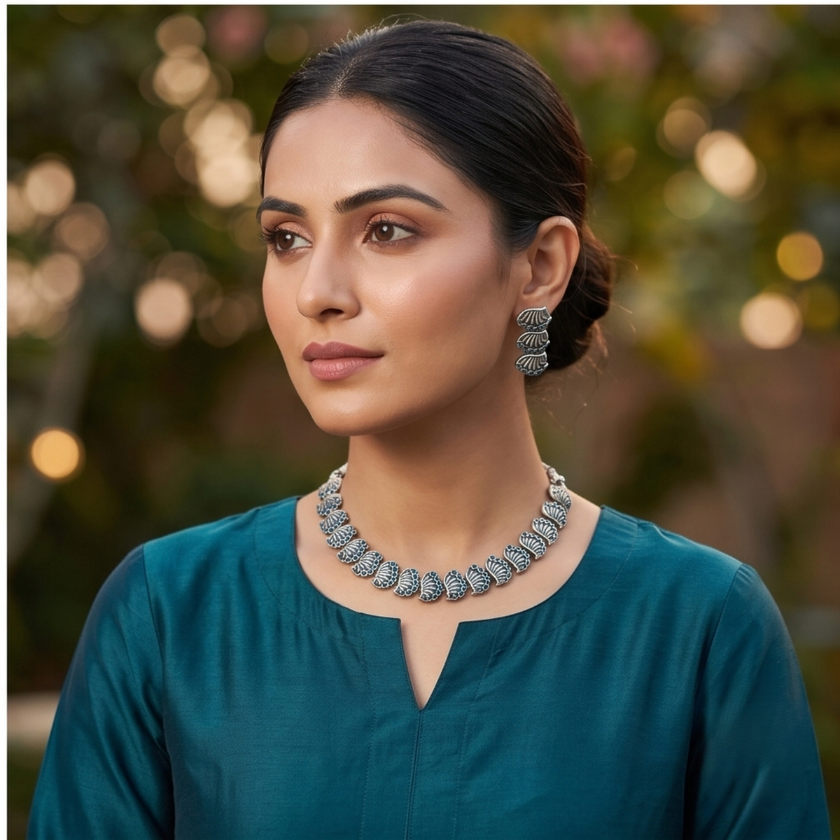 DIVYORO OXIDIZED SILVER SHELL-MOTIF BLUE STONE NECKLACE SET