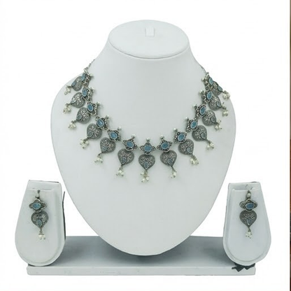 DIVYORO OXIDIZED SILVER BLUE STONE LEAF-PATTERNED NECKLACE SET