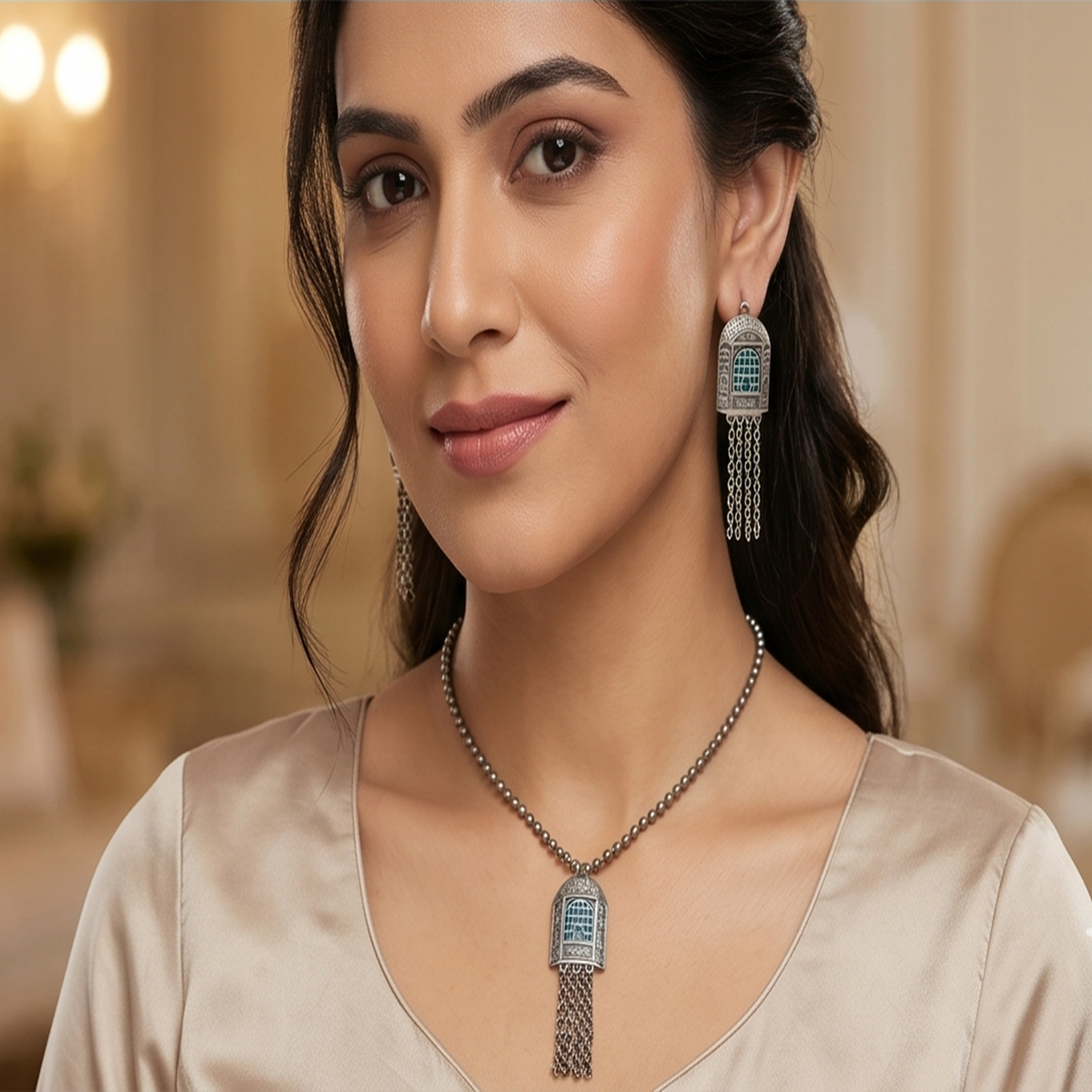 DIVYORO HERITAGE LATTICE PENDANT NECKLACE SET WITH HANGING CHAINS