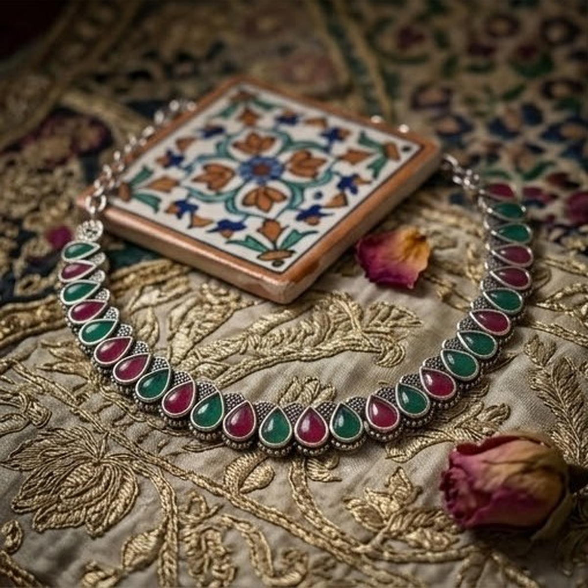 DIVYORO DUAL-TONE PINK AND GREEN TEARDROP STONE NECKLACE SET