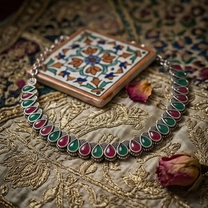 DIVYORO DUAL-TONE PINK AND GREEN TEARDROP STONE NECKLACE SET