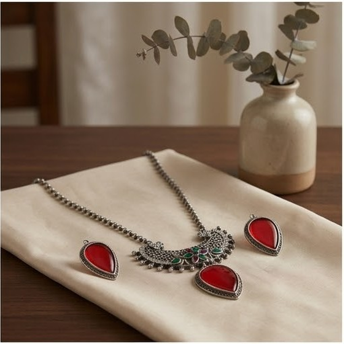 DIVYORO RED AND GREEN STONE DROP PENDANT NECKLACE SET
