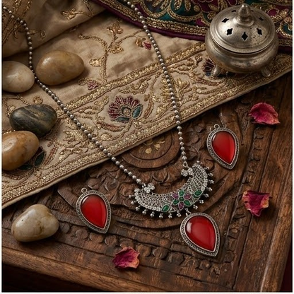 DIVYORO RED AND GREEN STONE DROP PENDANT NECKLACE SET