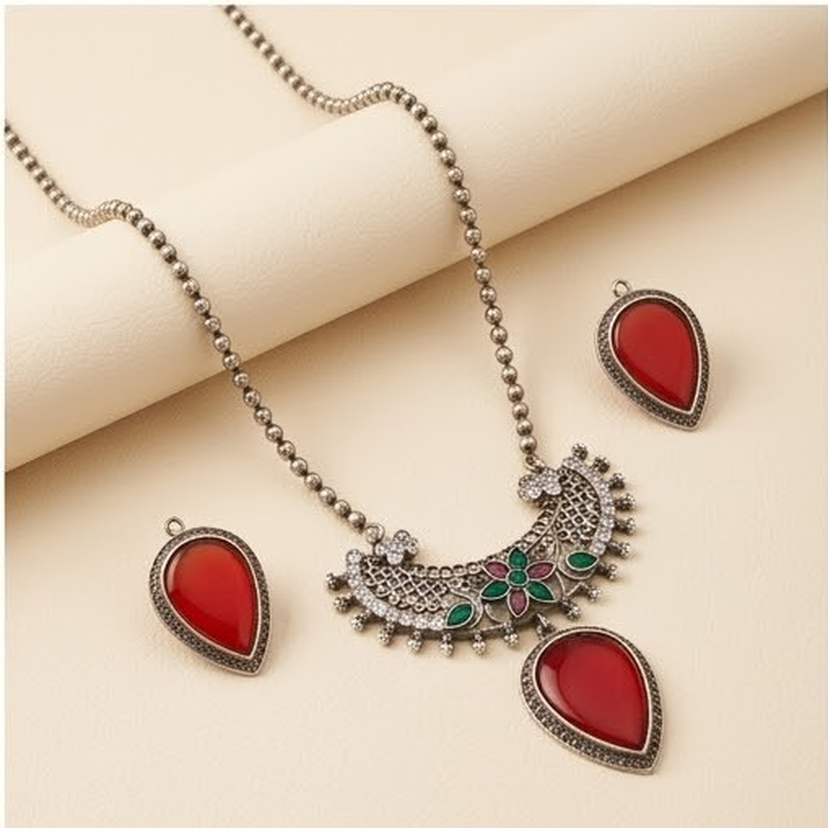 DIVYORO RED AND GREEN STONE DROP PENDANT NECKLACE SET