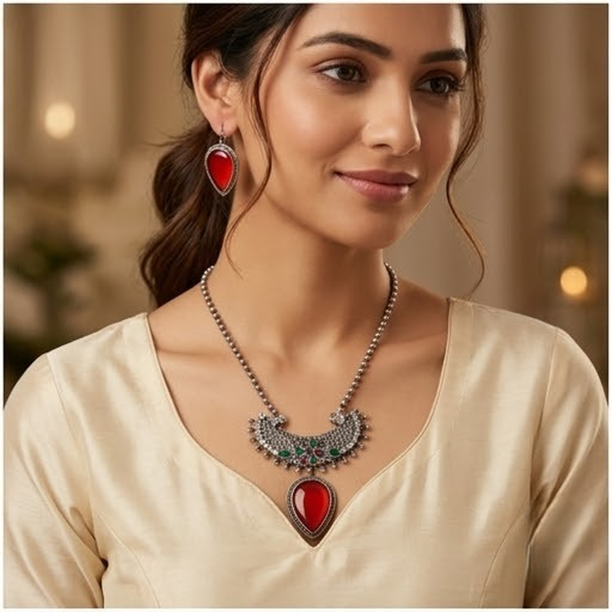 DIVYORO RED AND GREEN STONE DROP PENDANT NECKLACE SET