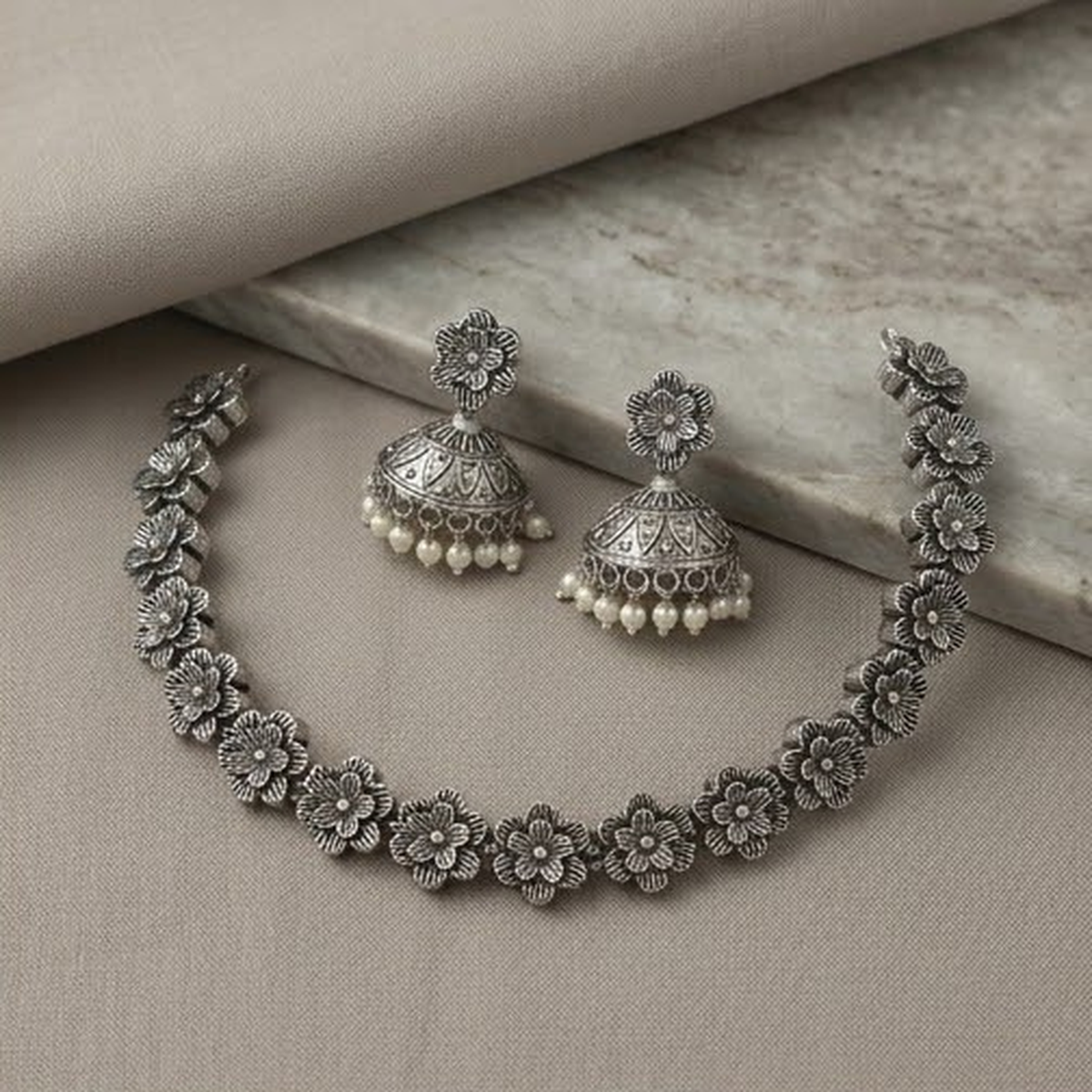 DIVYORO OXIDIZED SILVER FLORAL CHOKER WITH JHUMKA EARRINGS