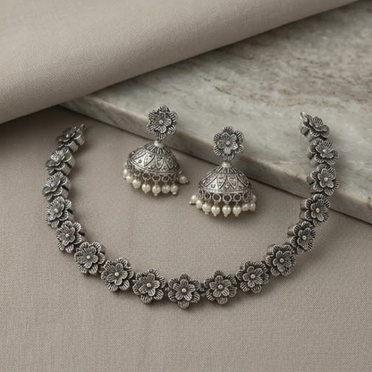 DIVYORO OXIDIZED SILVER FLORAL CHOKER WITH JHUMKA EARRINGS