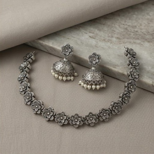 DIVYORO OXIDIZED SILVER FLORAL CHOKER WITH JHUMKA EARRINGS