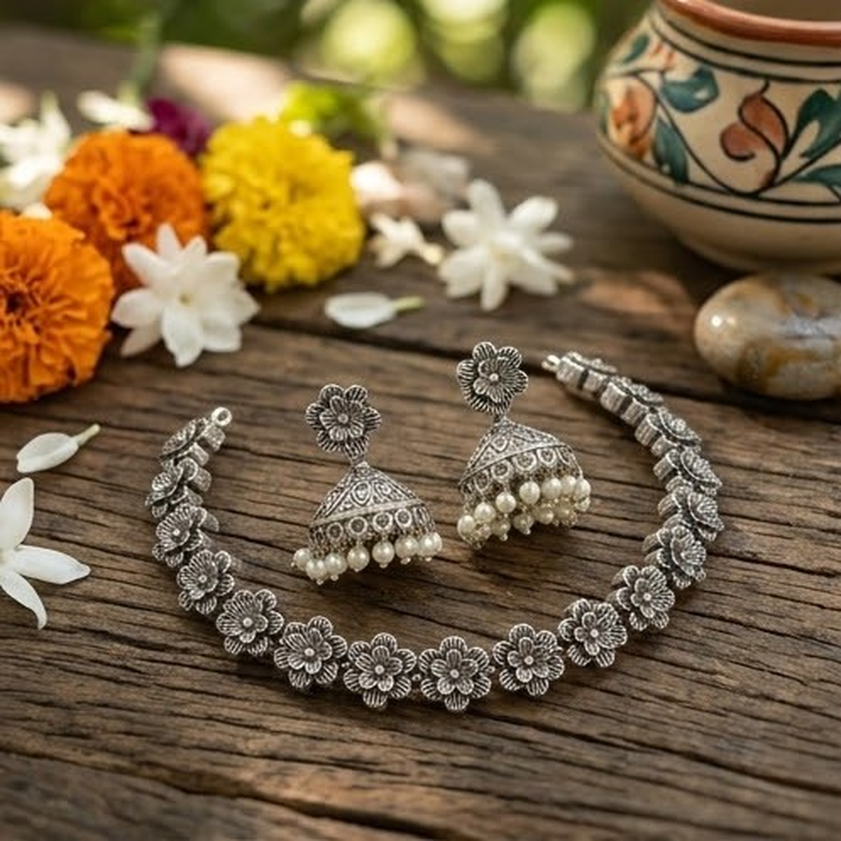 DIVYORO OXIDIZED SILVER FLORAL CHOKER WITH JHUMKA EARRINGS
