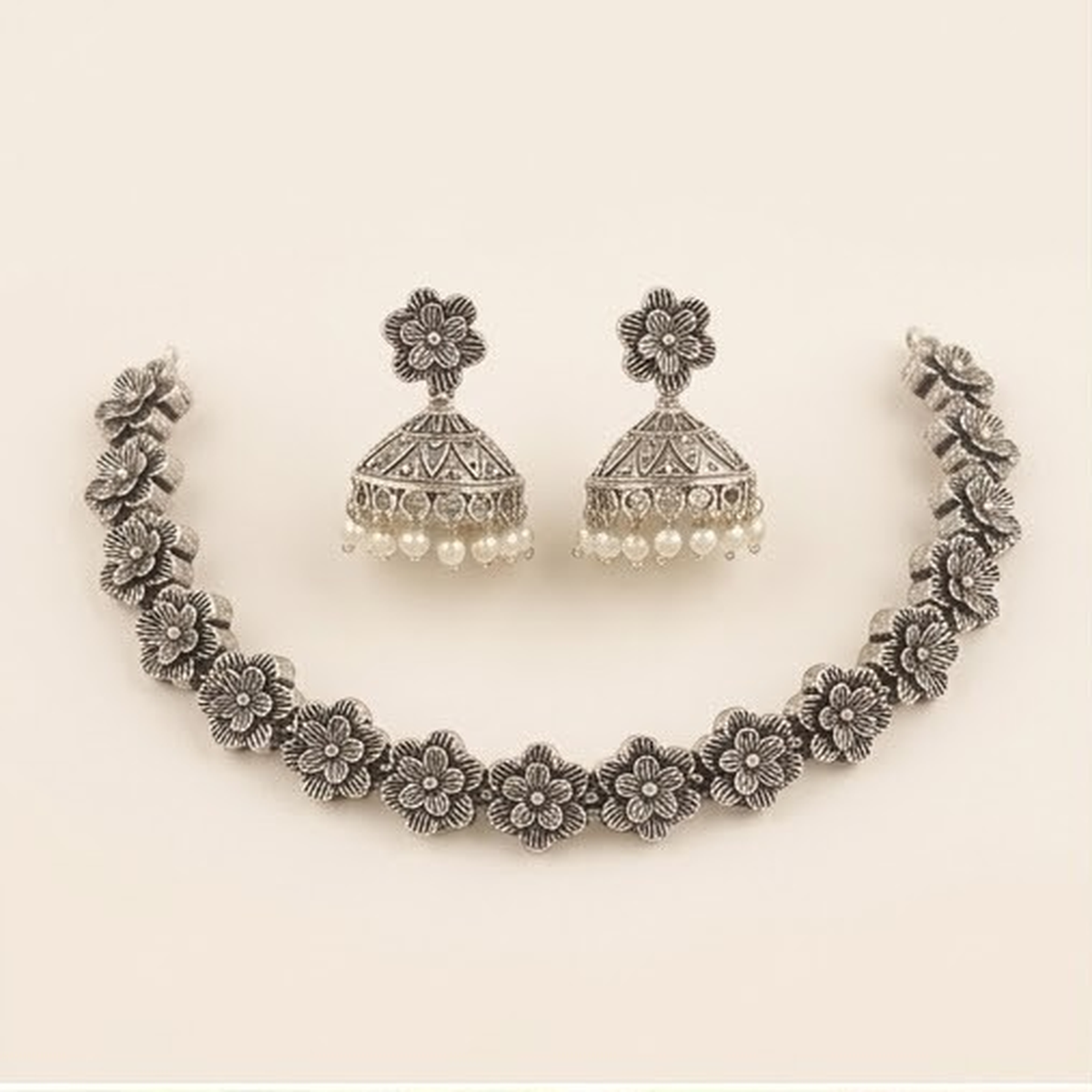 DIVYORO OXIDIZED SILVER FLORAL CHOKER WITH JHUMKA EARRINGS