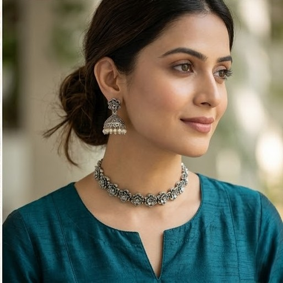 DIVYORO OXIDIZED SILVER FLORAL CHOKER WITH JHUMKA EARRINGS