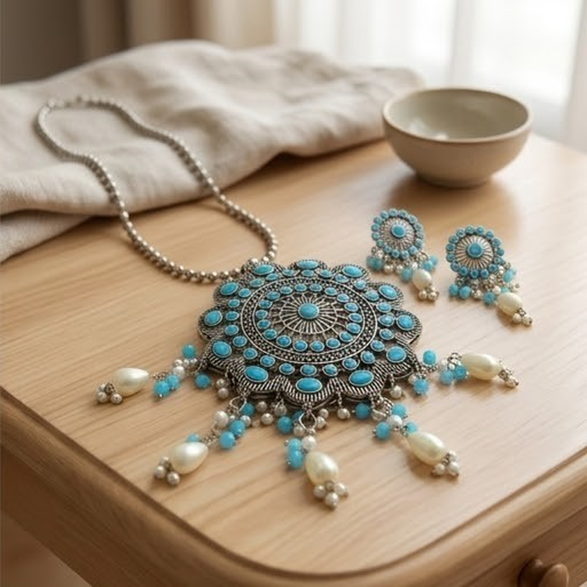 DIVYORO TURQUOISE BLUE STONE FLORAL PENDANT NECKLACE SET