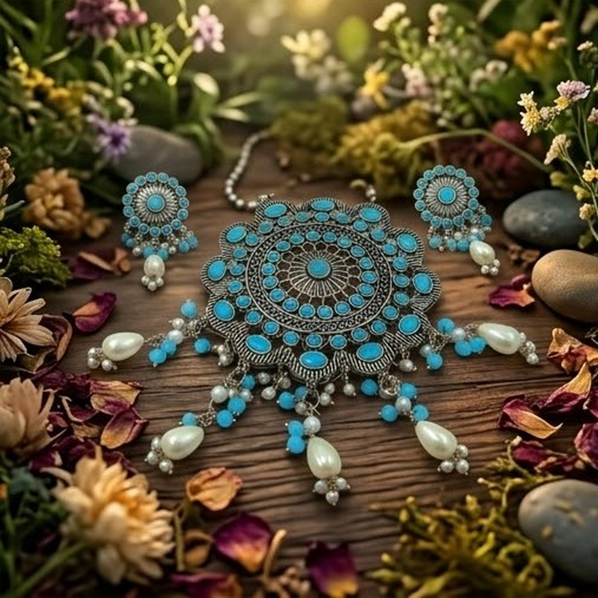 DIVYORO TURQUOISE BLUE STONE FLORAL PENDANT NECKLACE SET