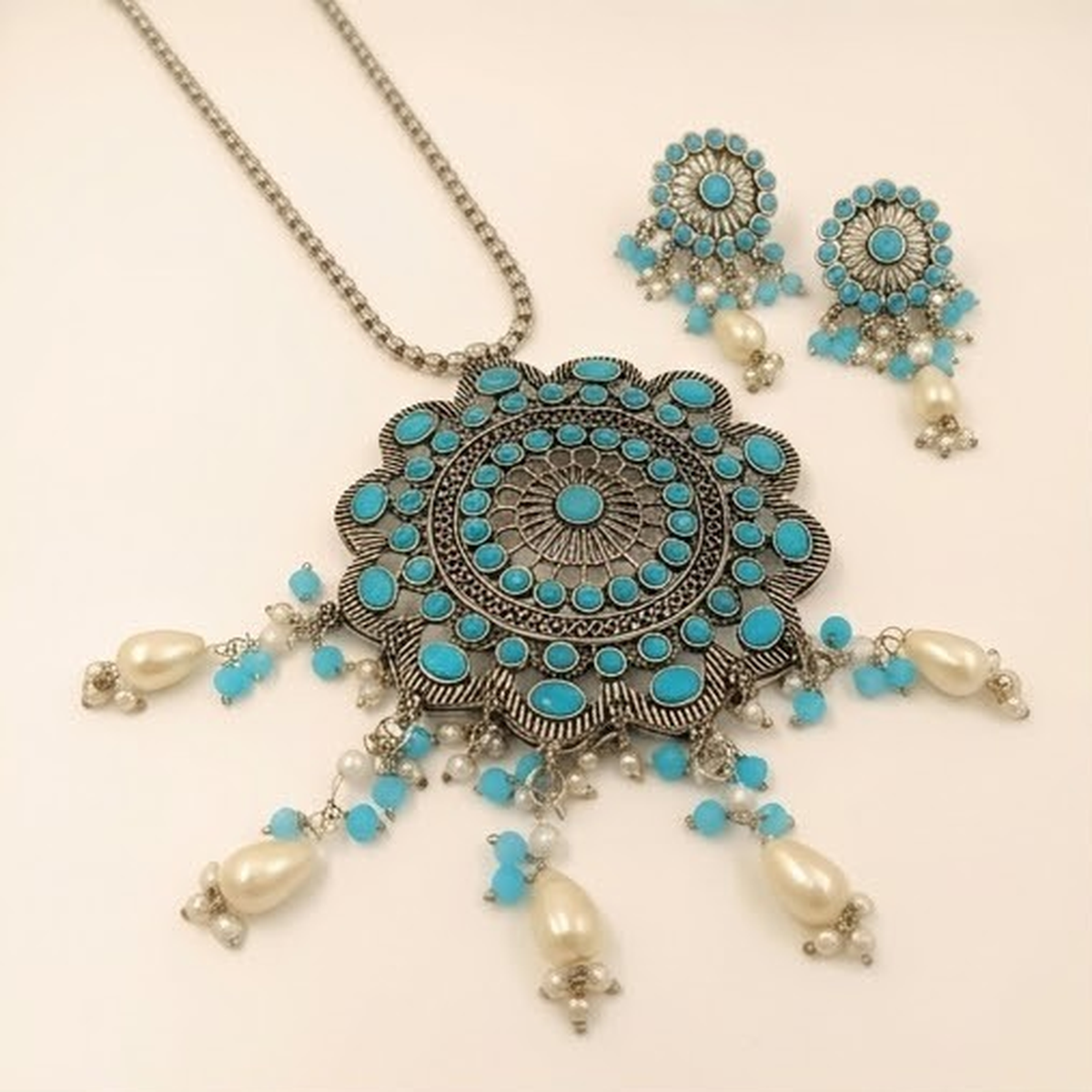 DIVYORO TURQUOISE BLUE STONE FLORAL PENDANT NECKLACE SET