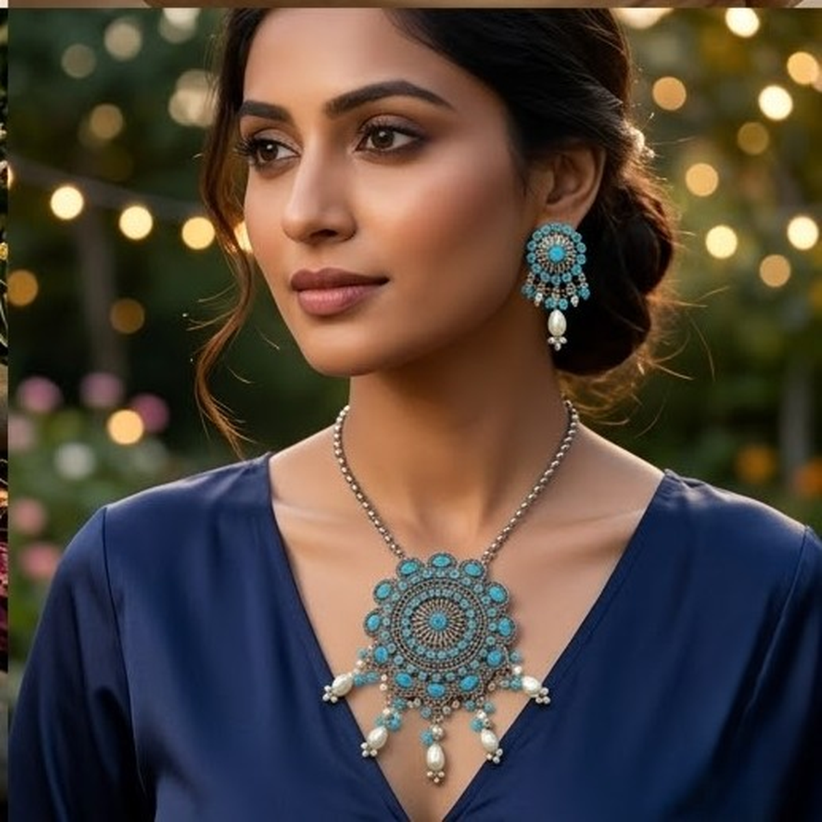 DIVYORO TURQUOISE BLUE STONE FLORAL PENDANT NECKLACE SET