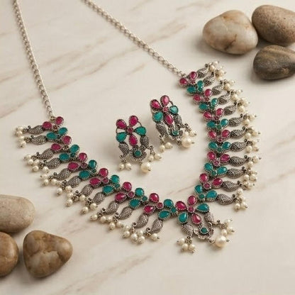 DIVYORO PINK AND GREEN STONE OXIDIZED SILVER NECKLACE SET