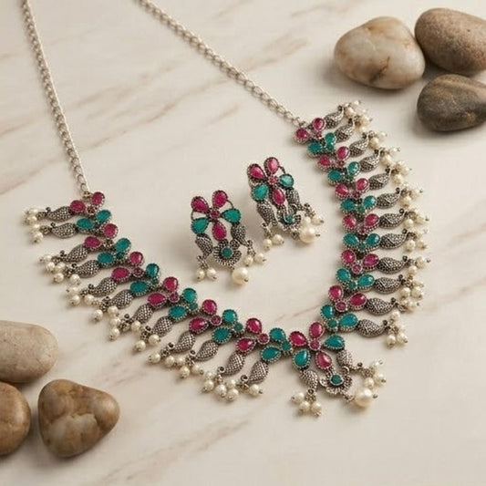 DIVYORO PINK AND GREEN STONE OXIDIZED SILVER NECKLACE SET