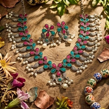 DIVYORO PINK AND GREEN STONE OXIDIZED SILVER NECKLACE SET