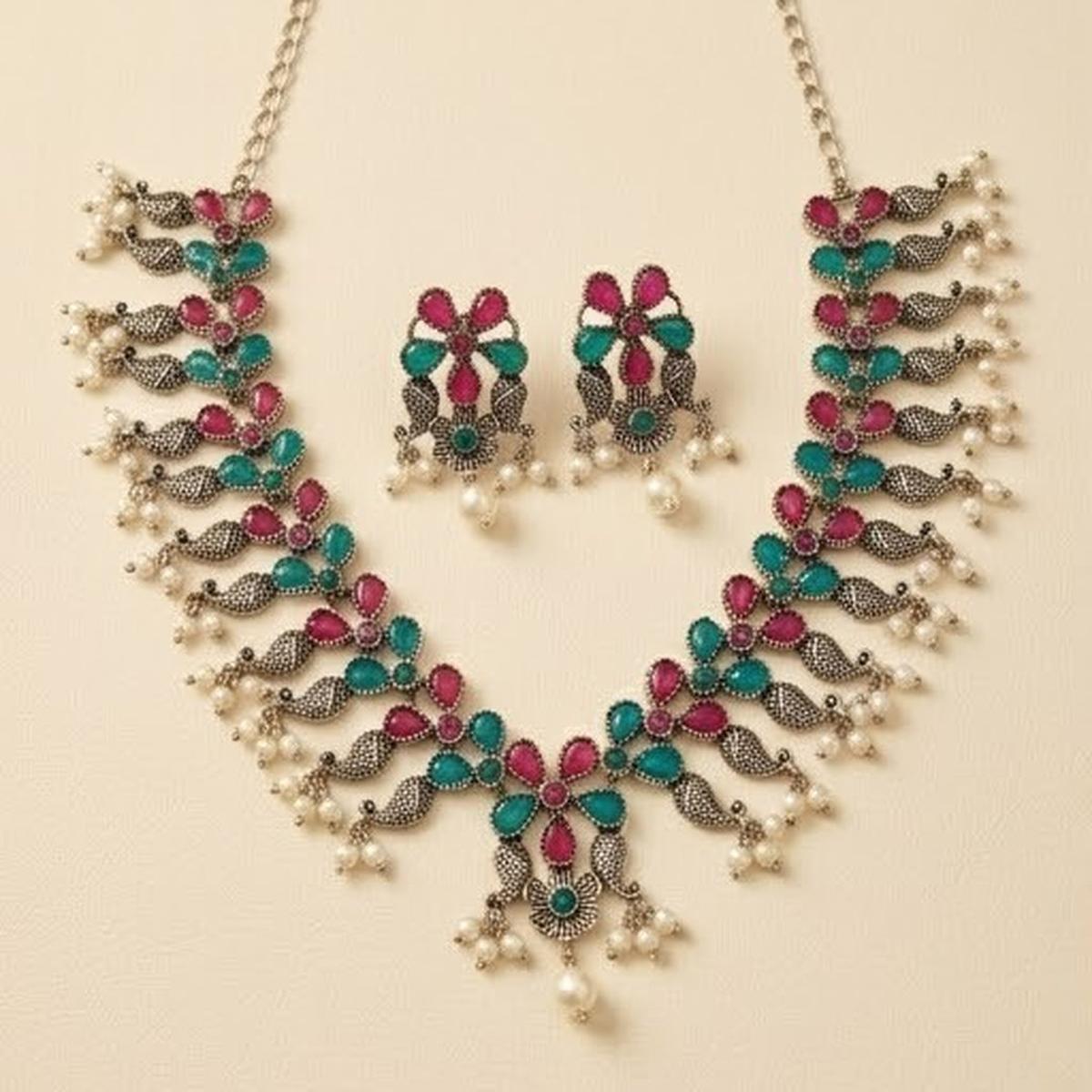DIVYORO PINK AND GREEN STONE OXIDIZED SILVER NECKLACE SET