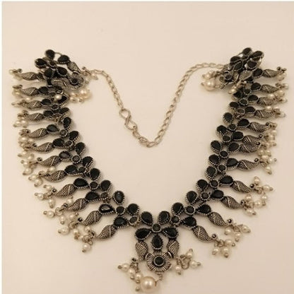 DIVYORO OXIDIZED SILVER BLACK STONE FLORAL CHOKER SET