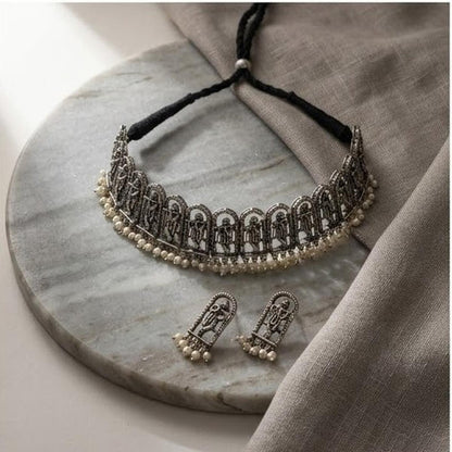 DIVYORO INTRICATE OXIDIZED SILVER KRISHNA MOTIF CHOKER SET