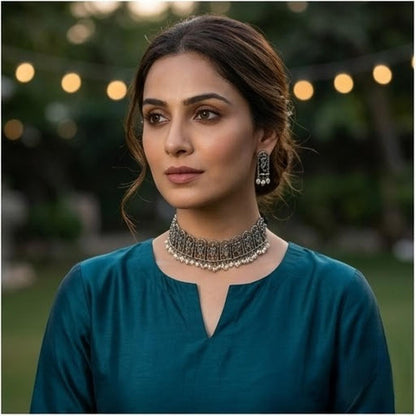 DIVYORO INTRICATE OXIDIZED SILVER KRISHNA MOTIF CHOKER SET