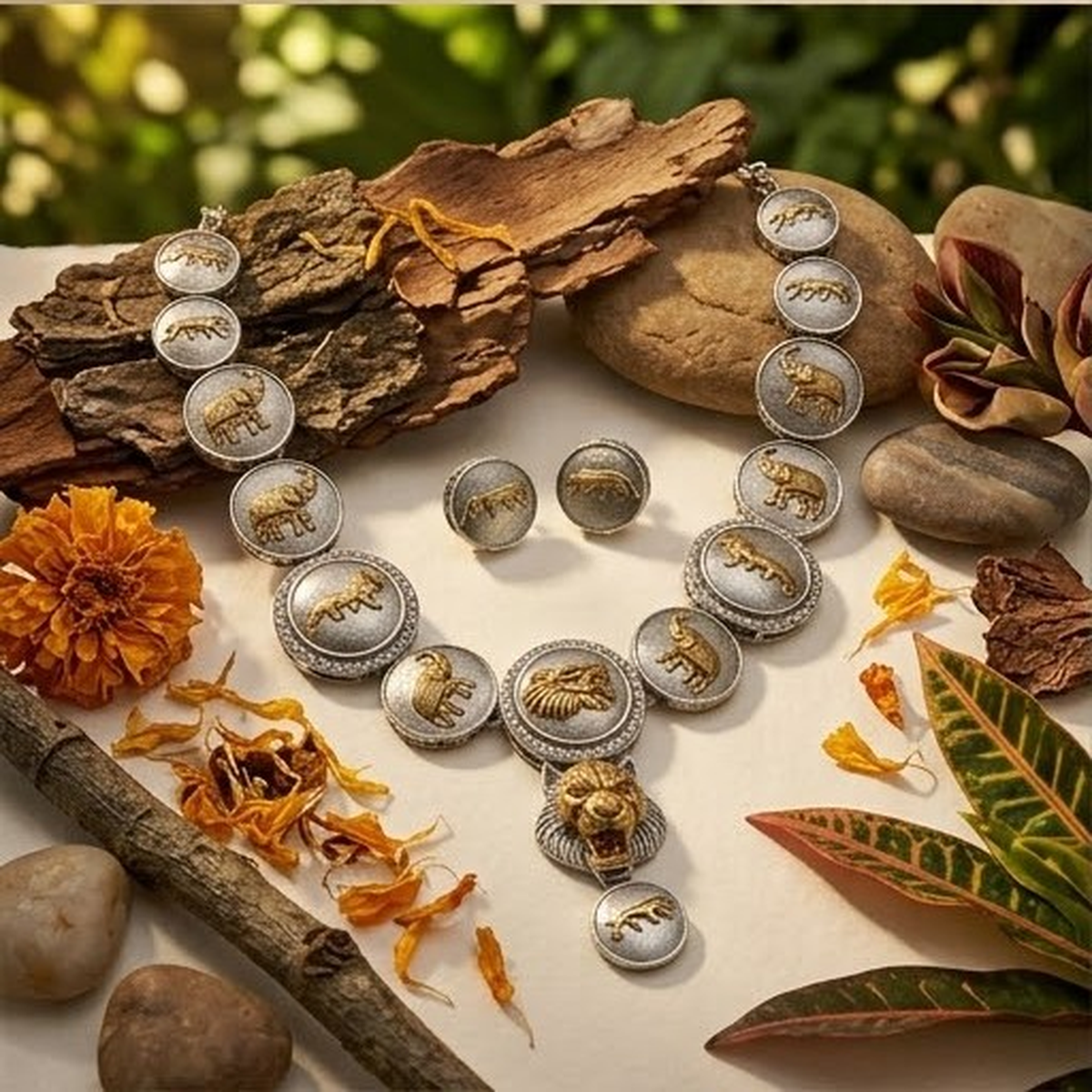 DIVYORO WILDLIFE-INSPIRED GOLD AND SILVER DISC NECKLACE SET