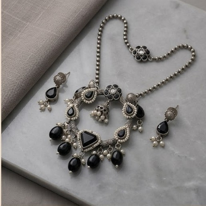 DIVYORO BLACK STONE CIRCULAR JHUMKA PENDANT NECKLACE SET