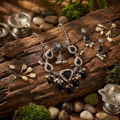 DIVYORO BLACK STONE CIRCULAR JHUMKA PENDANT NECKLACE SET