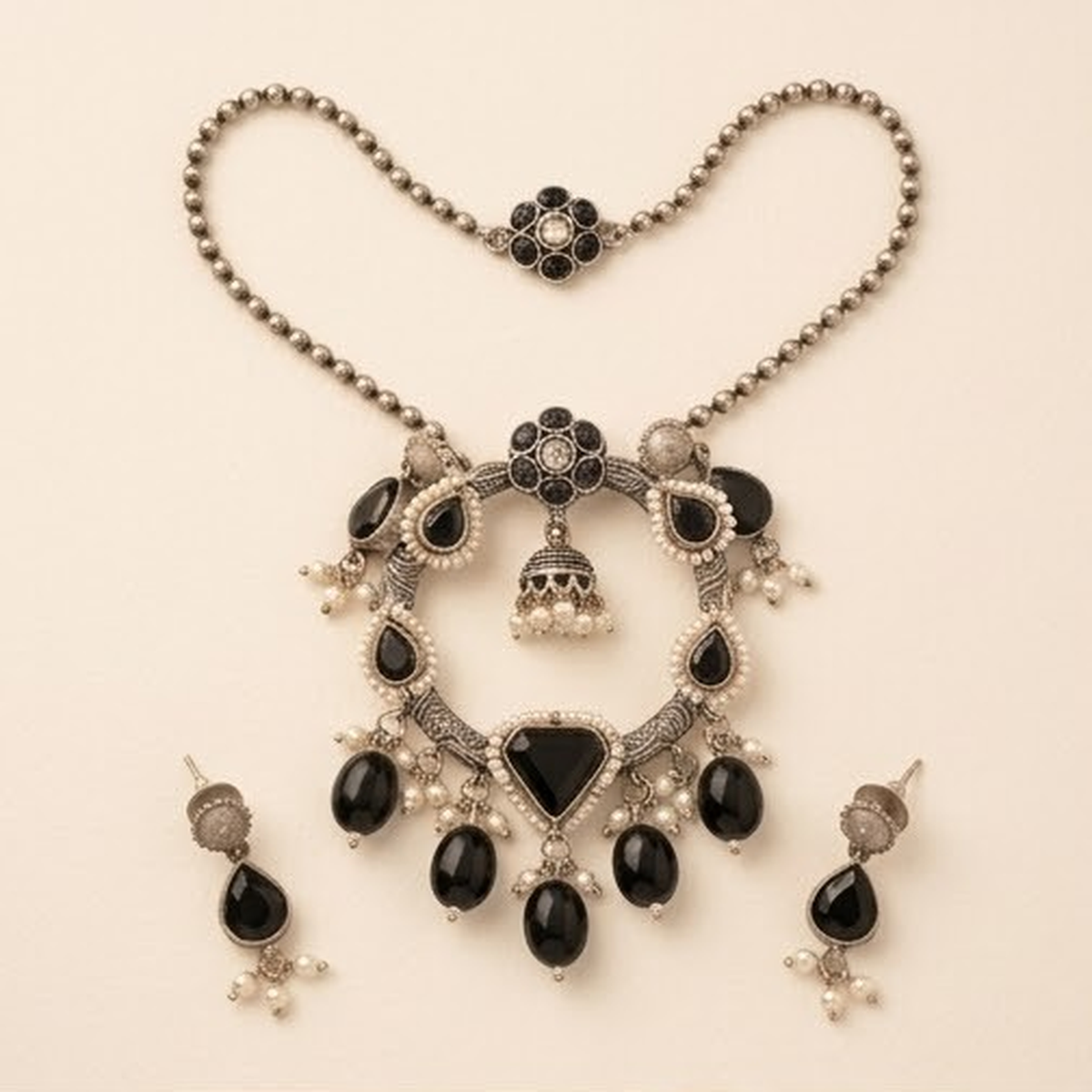 DIVYORO BLACK STONE CIRCULAR JHUMKA PENDANT NECKLACE SET