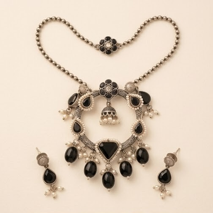 DIVYORO BLACK STONE CIRCULAR JHUMKA PENDANT NECKLACE SET