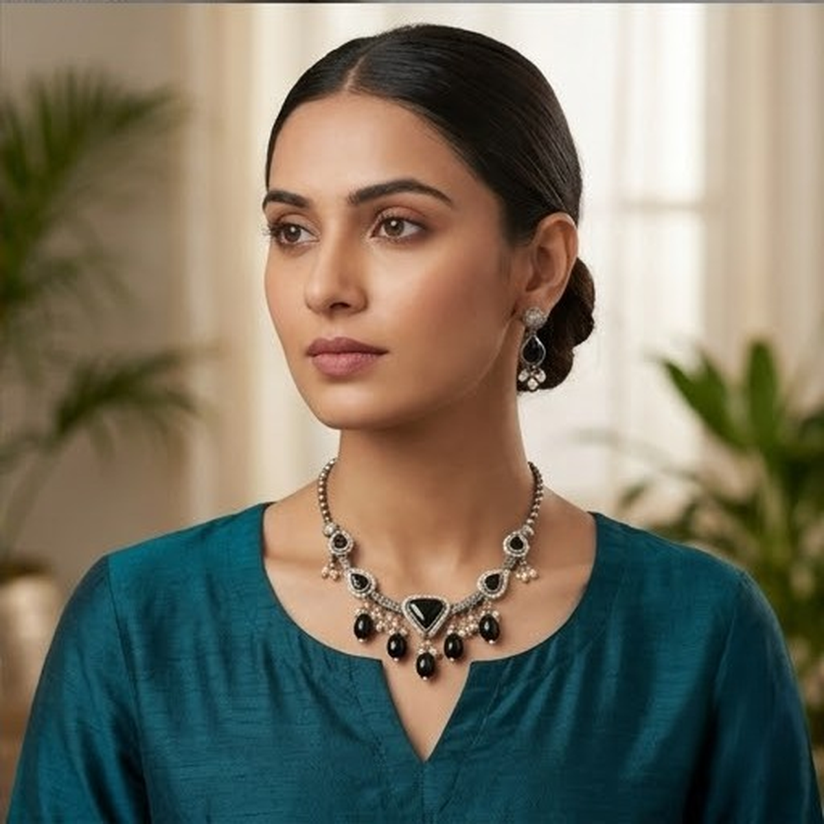 DIVYORO BLACK STONE CIRCULAR JHUMKA PENDANT NECKLACE SET