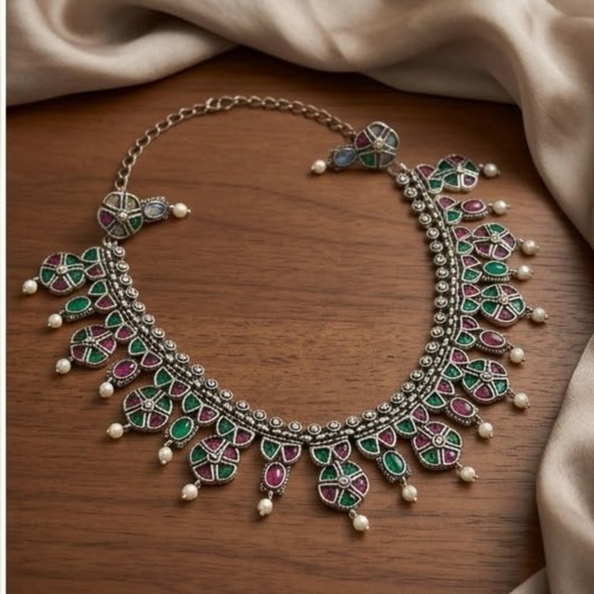 DIVYORO DUAL-TONE PINK AND GREEN STONE HERITAGE NECKLACE SET