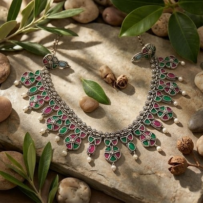 DIVYORO DUAL-TONE PINK AND GREEN STONE HERITAGE NECKLACE SET