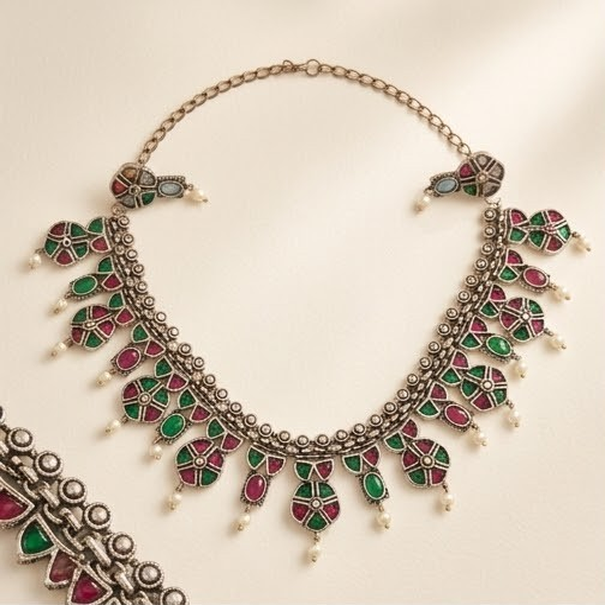 DIVYORO DUAL-TONE PINK AND GREEN STONE HERITAGE NECKLACE SET