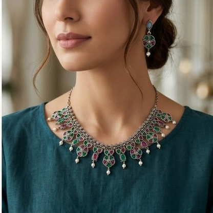 DIVYORO DUAL-TONE PINK AND GREEN STONE HERITAGE NECKLACE SET