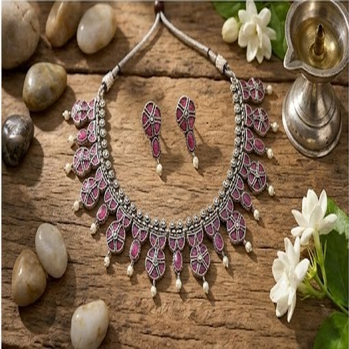 DIVYORO VINTAGE STYLE RUBY STONE ORNATE NECKLACE SET