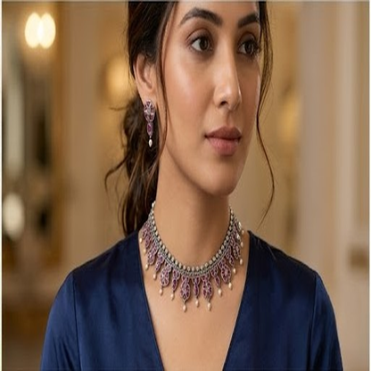 DIVYORO VINTAGE STYLE RUBY STONE ORNATE NECKLACE SET
