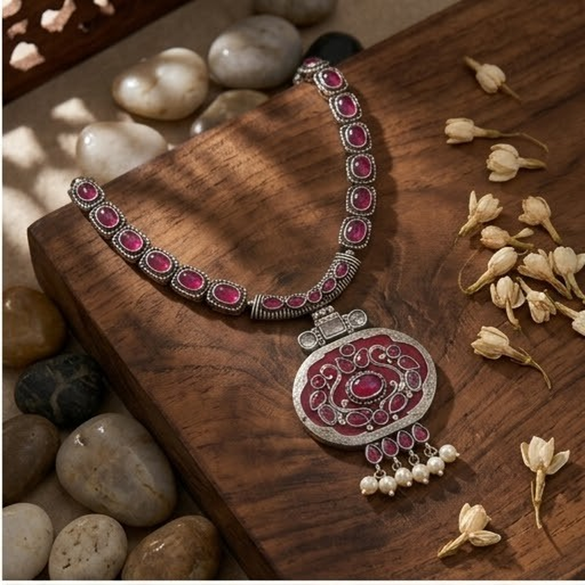 DIVYORO RUBY-RED STONE OVAL PENDANT NECKLACE SET