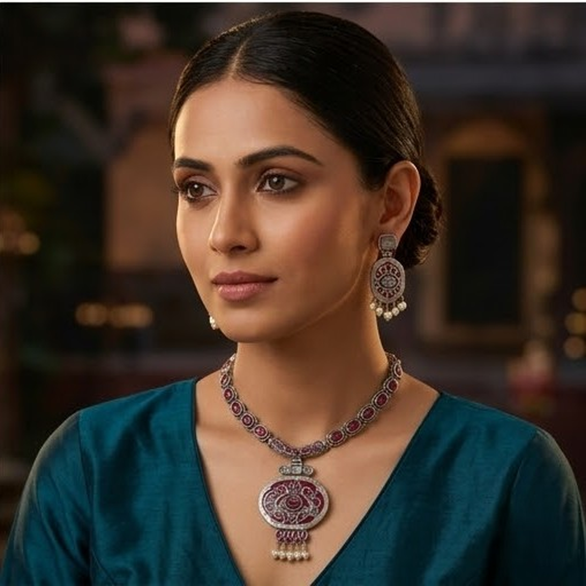 DIVYORO RUBY-RED STONE OVAL PENDANT NECKLACE SET