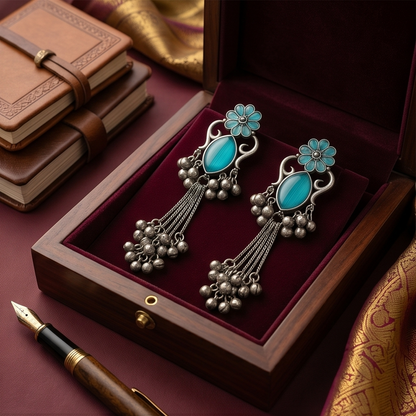 DIVYORO TEAL FLORAL GHUNGROO EARRINGS