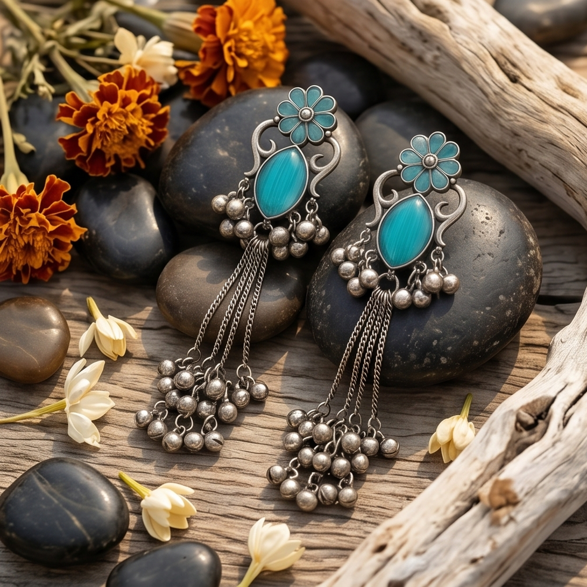 DIVYORO TEAL FLORAL GHUNGROO EARRINGS