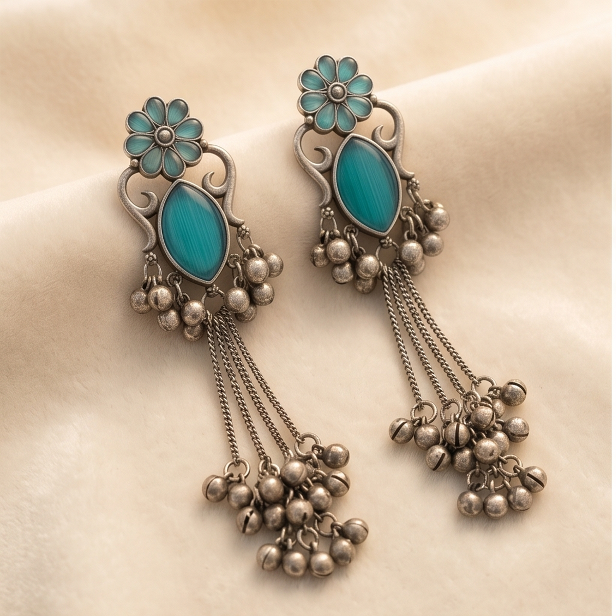 DIVYORO TEAL FLORAL GHUNGROO EARRINGS