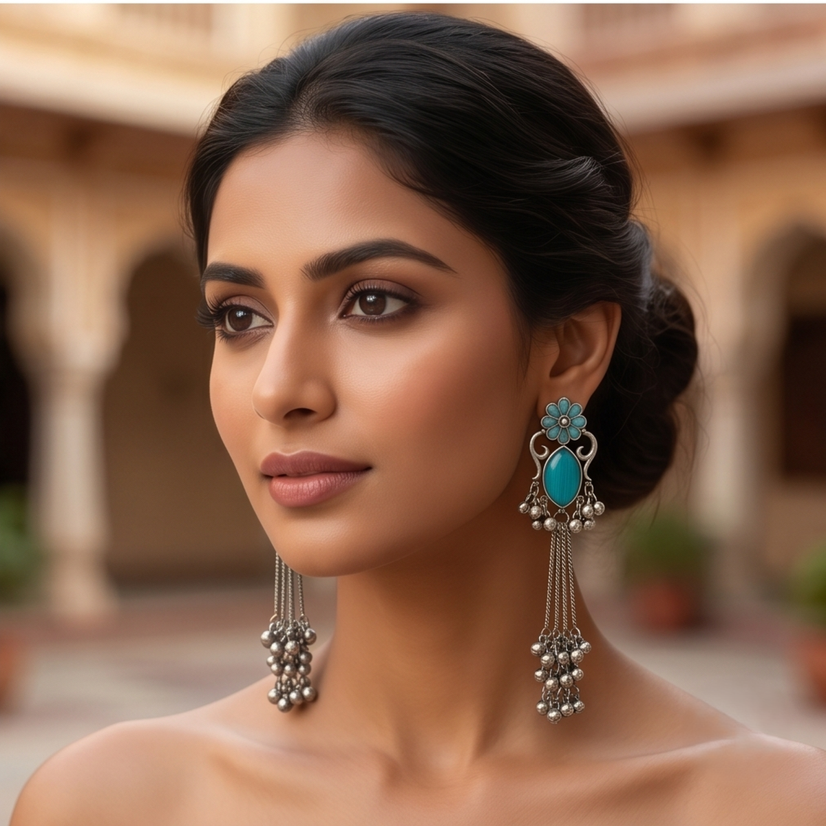DIVYORO TEAL FLORAL GHUNGROO EARRINGS